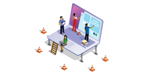 graphic illustration of workers giving a website a makeover