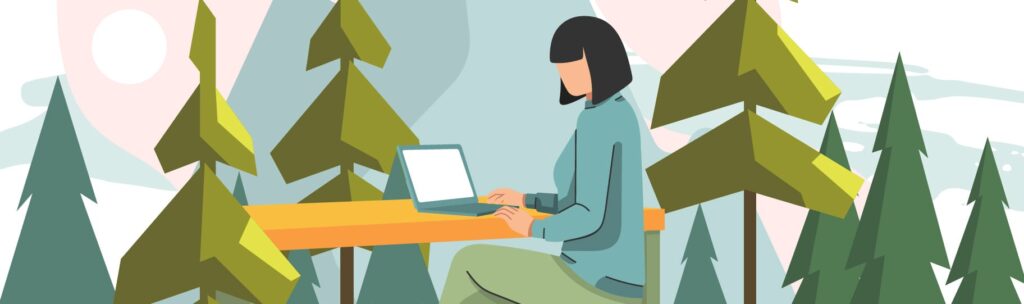 illustration of woman seated at a desk in the forest typing on a laptop computer