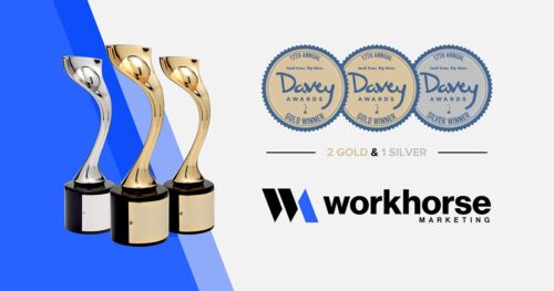 The Workhorse Marketing logo displayed next to two gold and one silver Davey Award trophies.