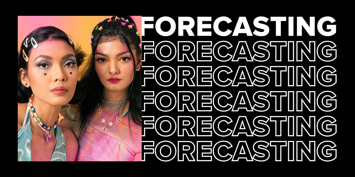 Composite image of the word Forecasting and two Gen Z girls wearing 90s fashion styles.