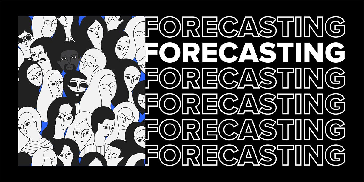 Composite image of the word Forecasting and an illustration of faces in a crowd of people representing racial diversity.