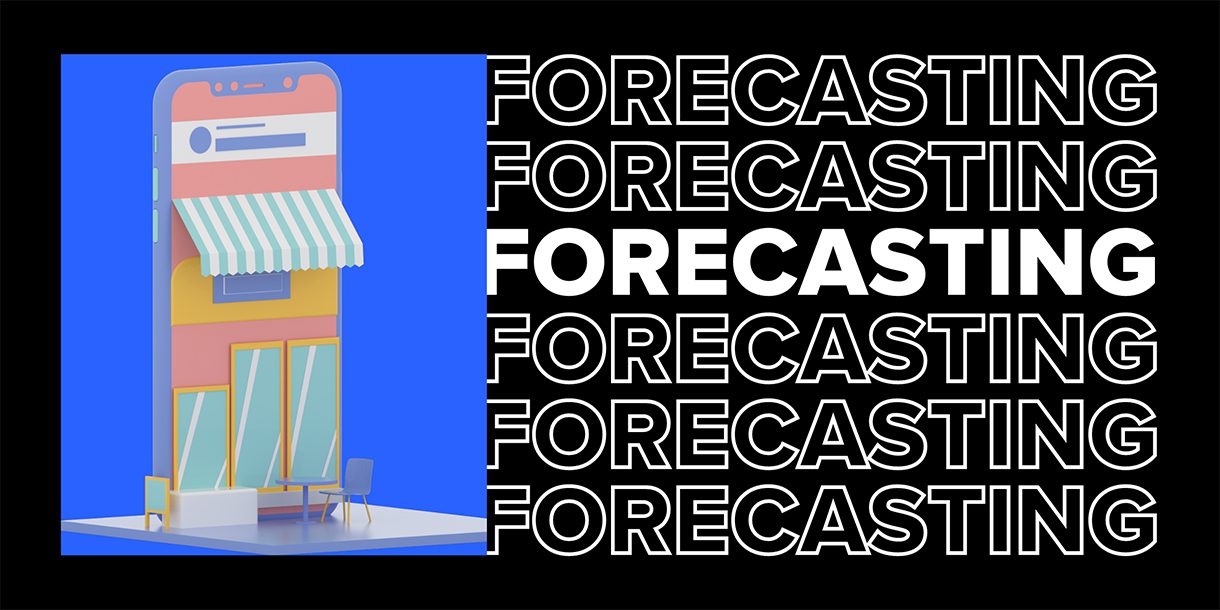 Composite image of the word Forecasting and an illustration of a smartphone and a storefront representing mobile ecommerce.