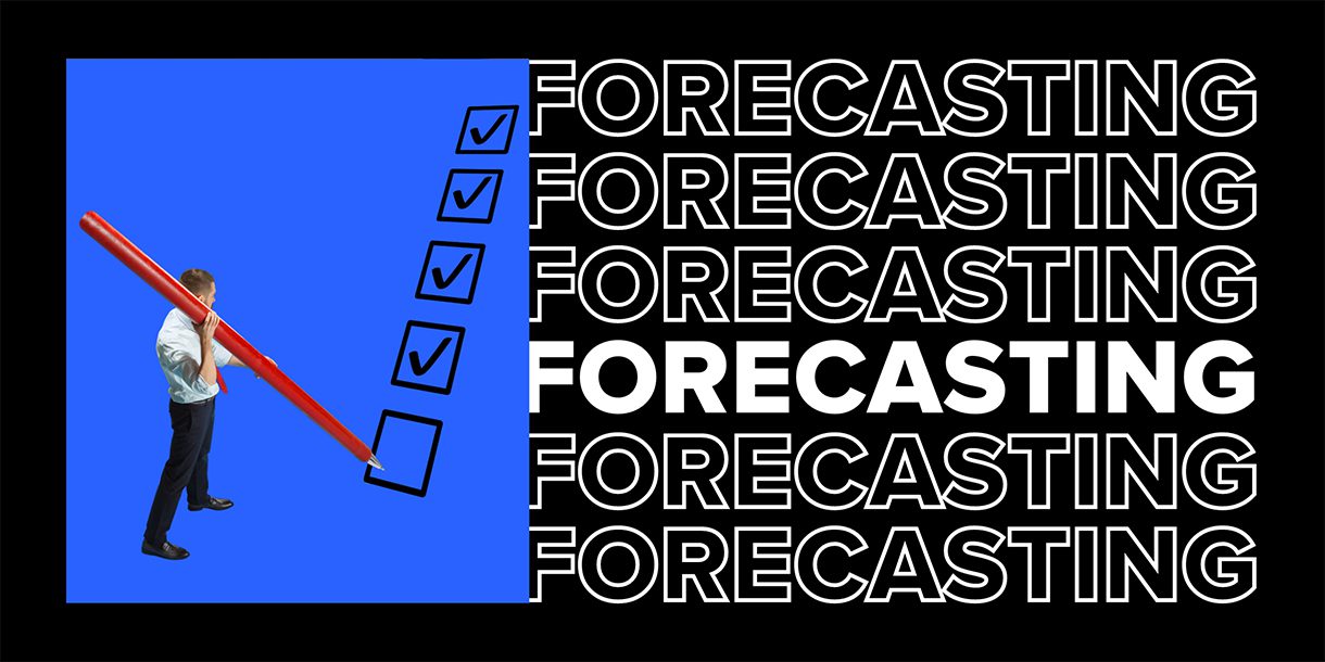 Composite image of the word Forecasting and graphic of a businessman ticking boxes on a checklist using a larger than life pen.