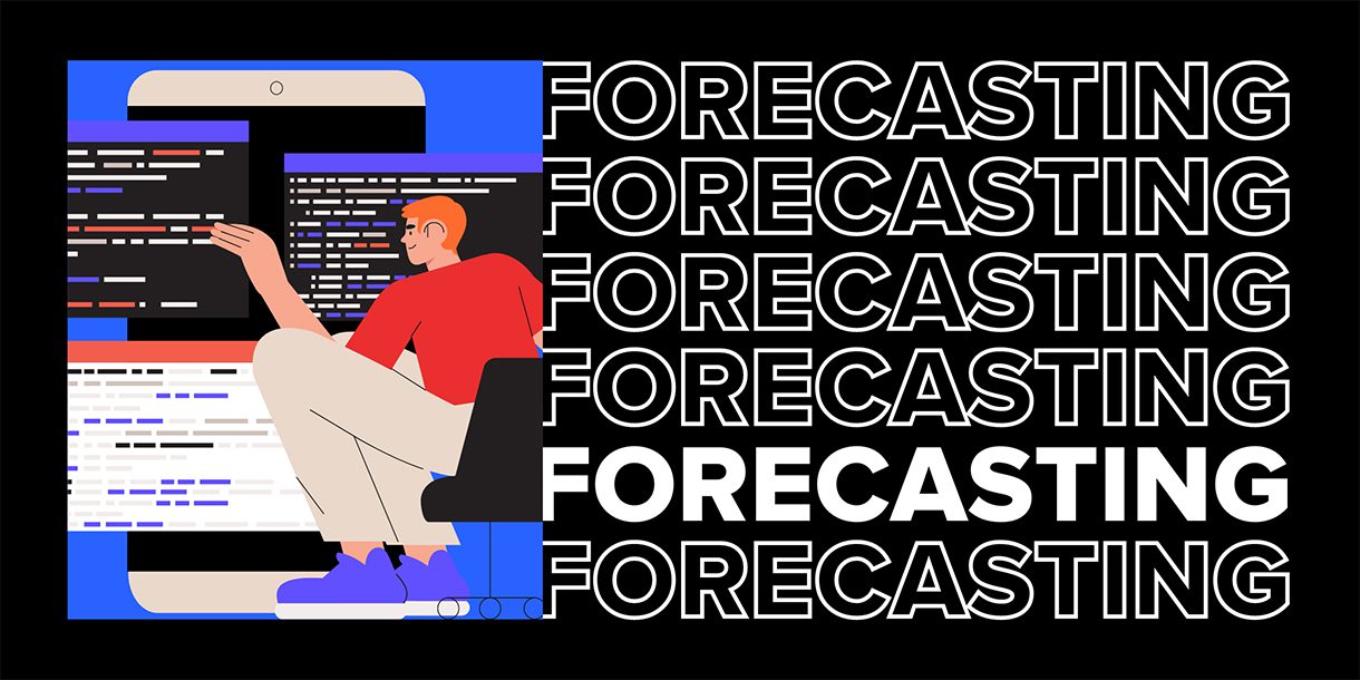 Composite image of the word Forecasting and an illustration of a young person engaging with data on various screens and devices representing AI.