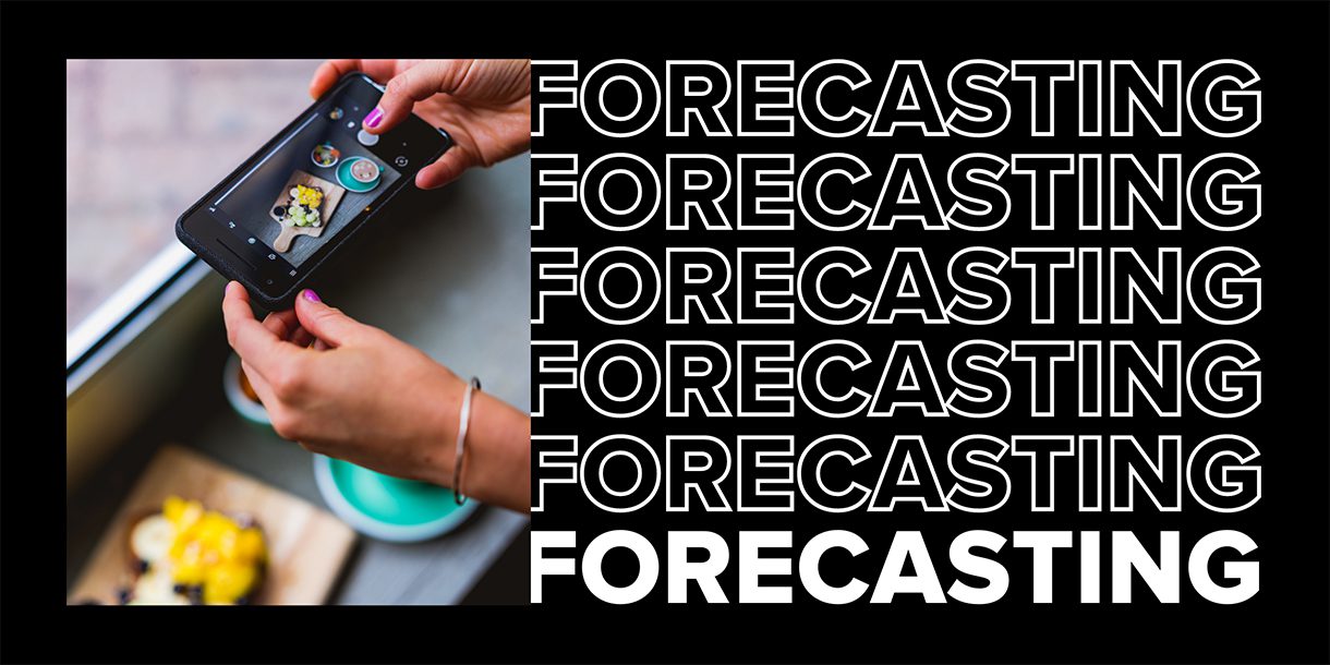 Composite image of the word Forecasting and a close-up of a pair of hands taking a food selfie with a smartphone.