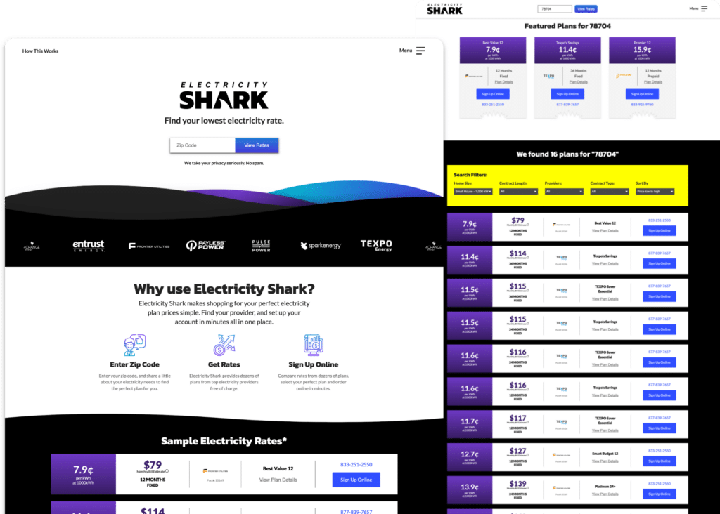Desktop and mobile versions of the Electricity Shark website showing how to select a power plan