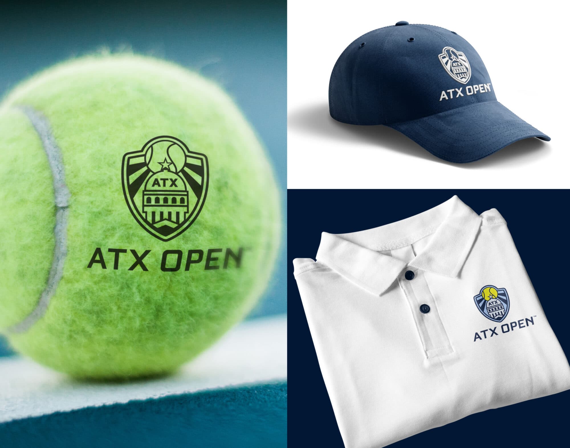 Tennis ball, baseball cap, and shirt all branded with ATX Open Logos