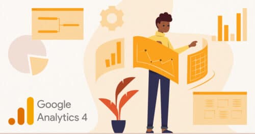 Illustration of a women looking at analytics with "Google Analytics 4" written on it.