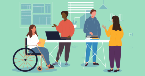 Illustration of four coworkers gathered around a conference table representing inclusivity and diversity.