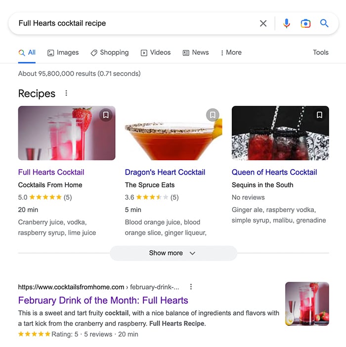 Google search engine result for a cocktail recipe showing a rich result for the recipe with star ratings