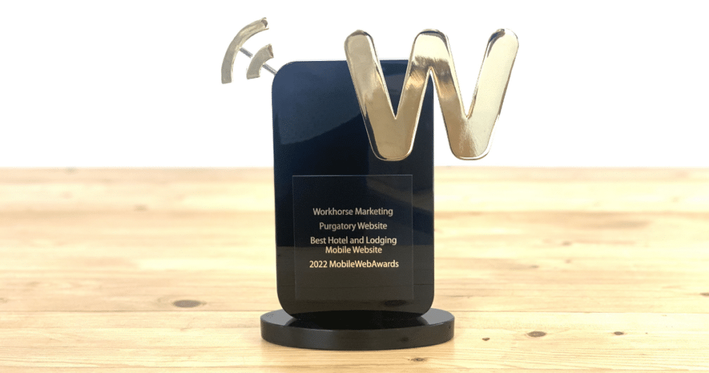 A 2022 MobileWebAwards trophy awarded to Workhorse Marketing for the Purgatory mobile website.