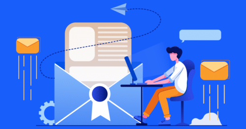 Illustration of a person seated at a computer surrounded by icons representing the process of sending an email marketing campaign.