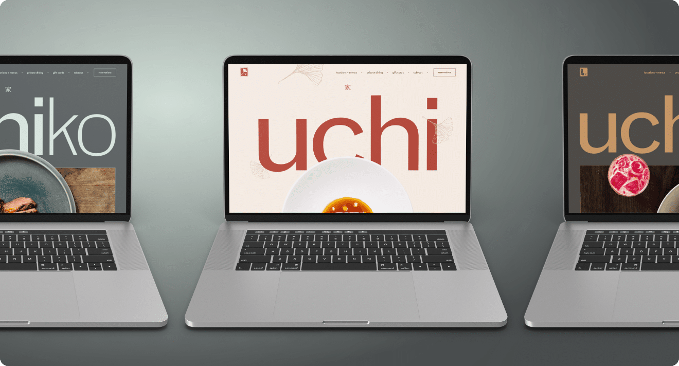 Laptop screenshots of the Uchi, Uchiko, and Uchiba website homepages.
