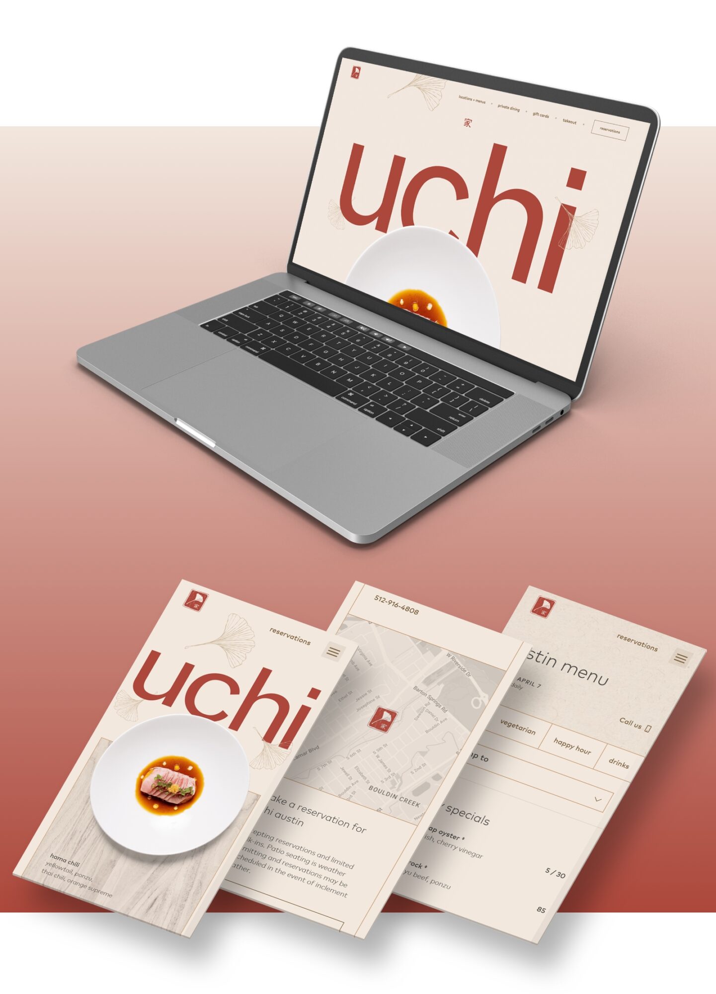 Laptop screenshot of the Uchi website homepage and smartphone screenshots of three interior pages.