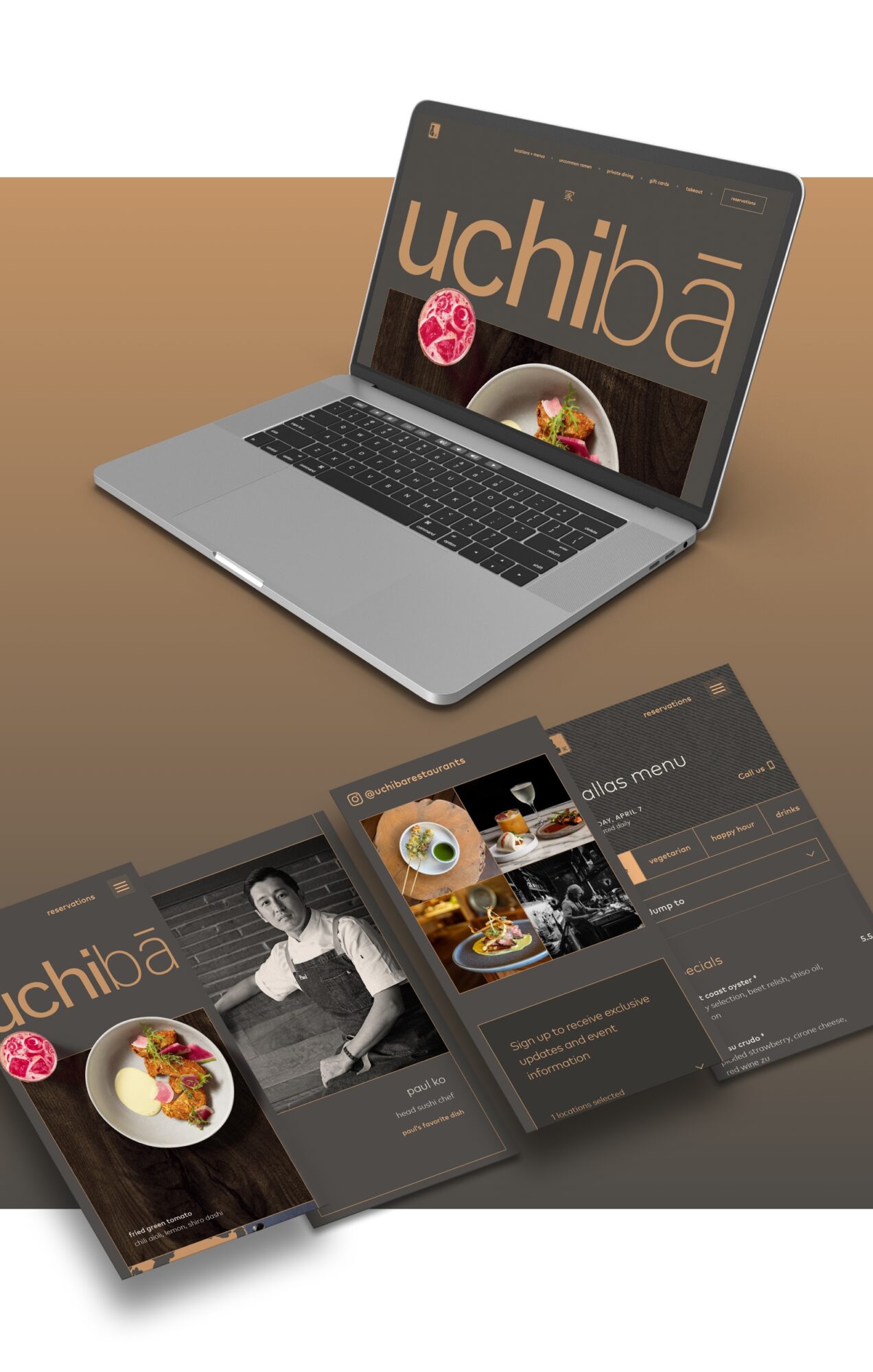 Laptop screenshot of the Uchiba website homepage and smartphone screenshots of four interior pages.