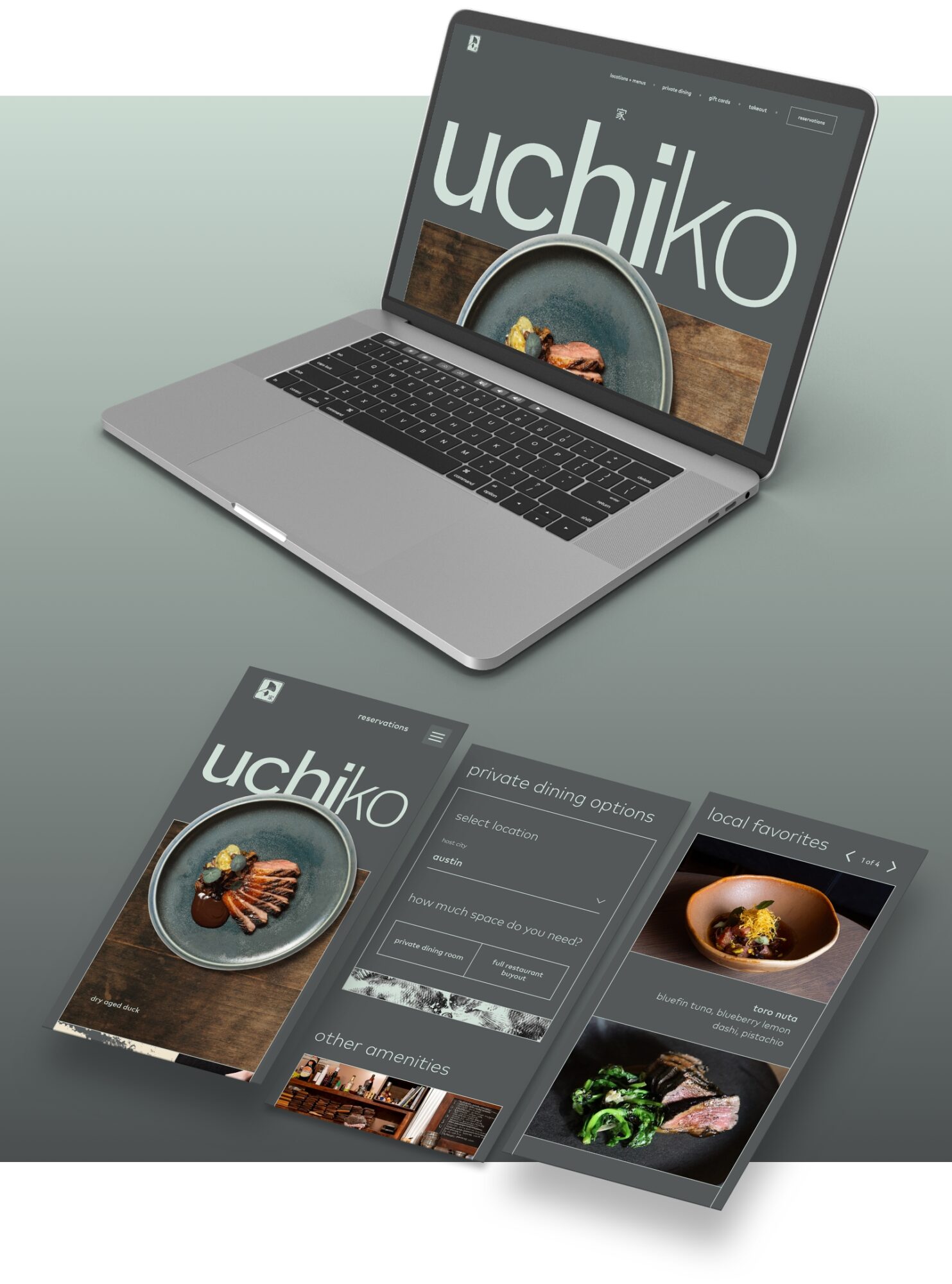 Laptop screenshot of the Uchiko website homepage and smartphone screenshots of three interior pages.