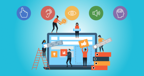 Illustration of a website development team at work surrounded by icons representing the components of accessibility improvement.