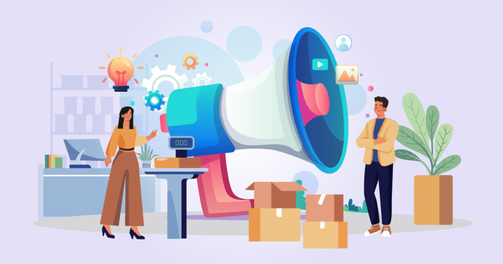 Illustration of two office workers surrounded by a megaphone and other objects representing the components of service business marketing.