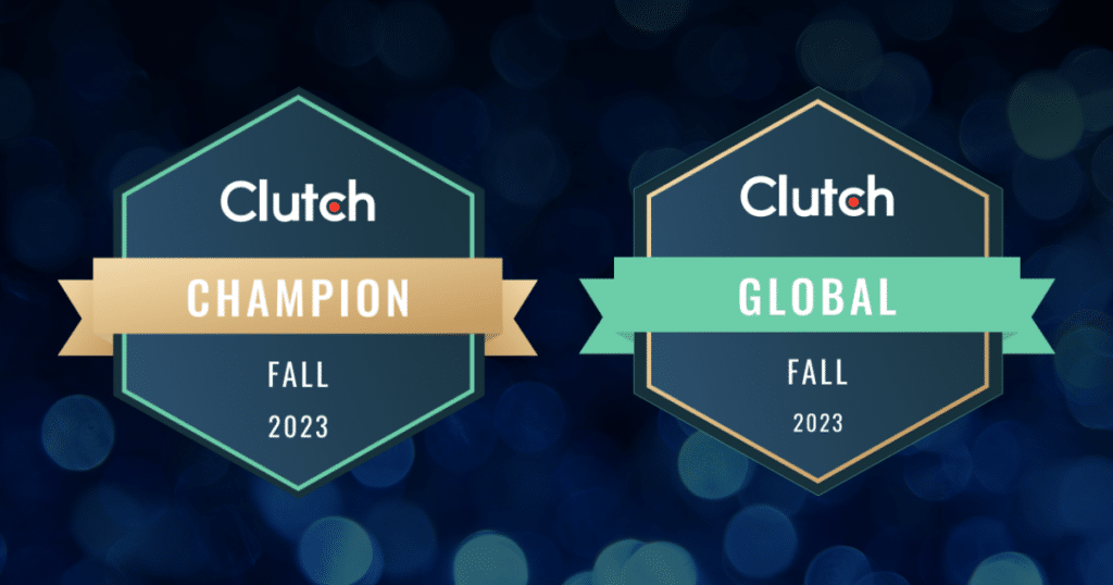 Two badges with the words Fall 2023 Clutch Champion and Fall 2023 Clutch Global winner.