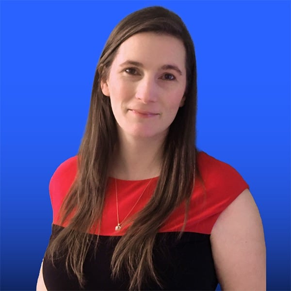 Portrait of Becky Gauthier on a vibrant blue background